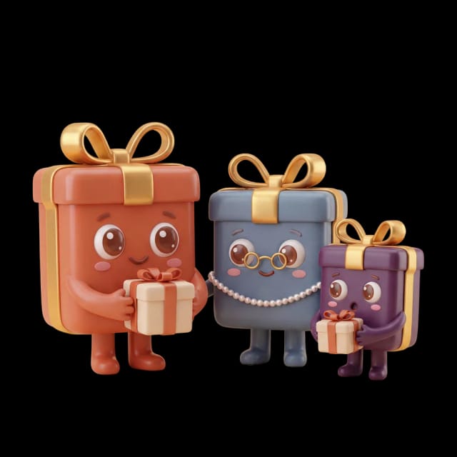 Drie cadeautjes van verschillende groottes die samen een cadeau vasthouden