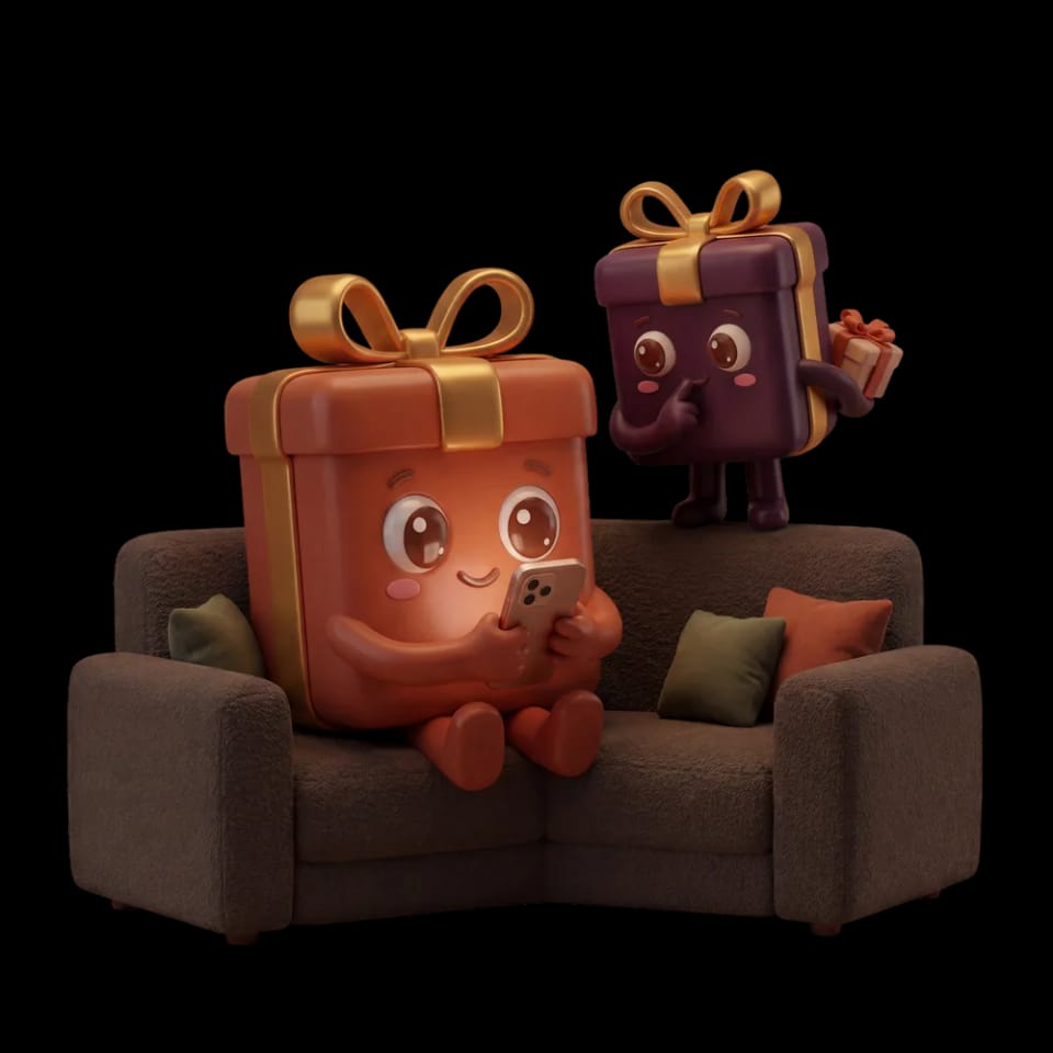 Twee cadeautjes op een bank die samen een verlanglijstje bekijken