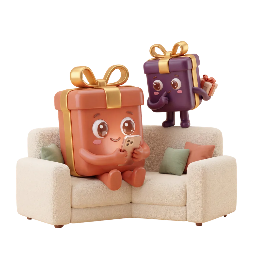 Twee cadeautjes op een bank die samen een verlanglijstje bekijken