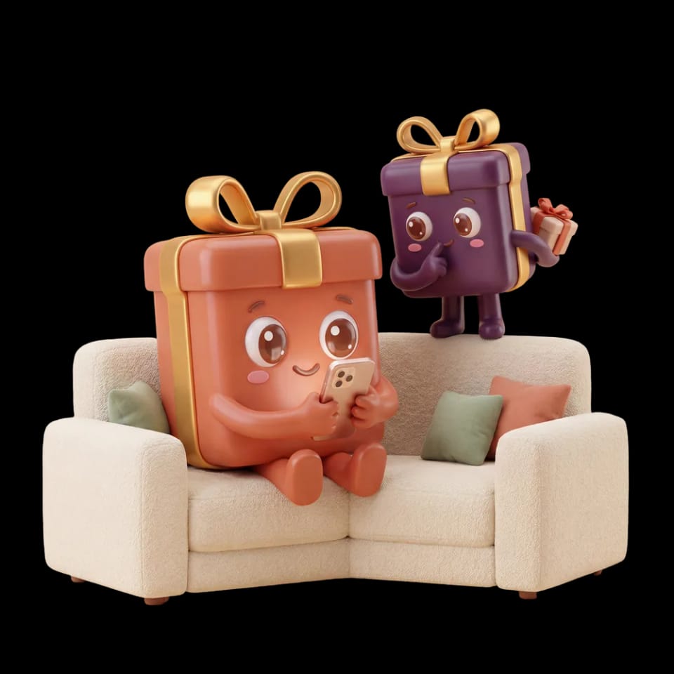 Twee cadeautjes op een bank die samen een verlanglijstje bekijken